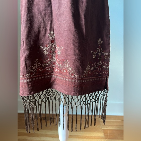 Vintage B.Moss Brown Linen Embroidered Fringe Skirt Size 8 - Picture 2 of 15